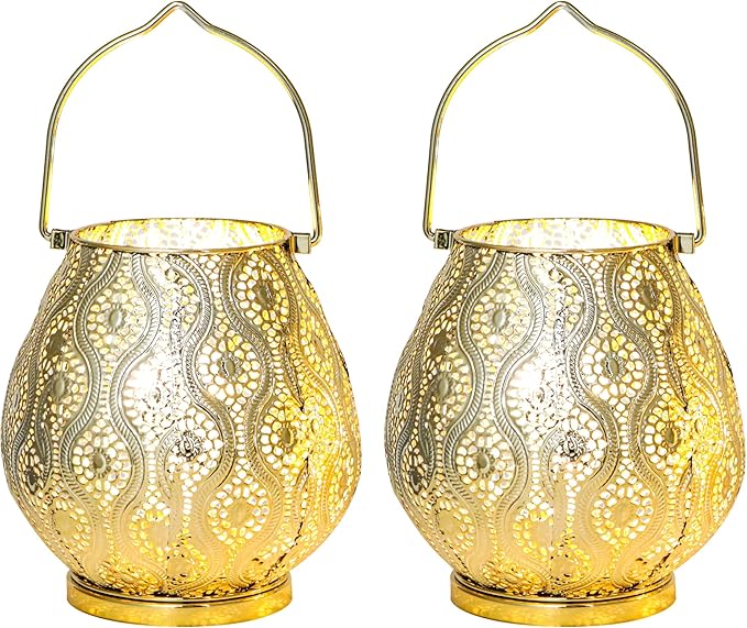 TRIROCKS Set of 2 Moroccan Decorative Lamps 8'' High Cordless Lamp Metal Table Lamps with Fairy Lights Bulb for Home Living Room Garden Yard Party Events Tabletop Indoor Outdoor(Gold) - Bloomnest