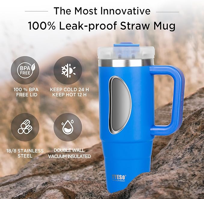 Tyeso 30 oz Tumbler with Handle, Straw and Lid - Leak Resistant Insulated Stainless Steel Water Bottle, Car Cup Holder Friendly Travel Coffee Mug Blue - Gifts for Men & Women - Bloomnest