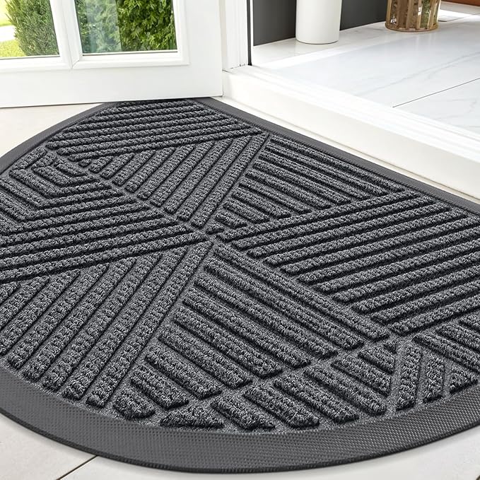 Smiry Half Circle Front Door Mat Outside Entrance, Heavy Duty Sturdy Natural Rubber Doormat, Trap Dirt and Moisture, Low Profile Mats for Indoor Outdoor Entry, Irregular Triangle (47x32, Grey) - Bloomnest