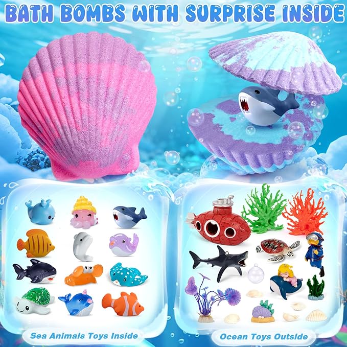 Ocean Bath Bombs for Kids with Toys Inside, 12 Pack Kids Shell Bath Bombs with Surprise Sea Animal Toys for Boys Girls Handmade Bubble Bath Fizzies Birthday Christmas Gift Set - Bloomnest