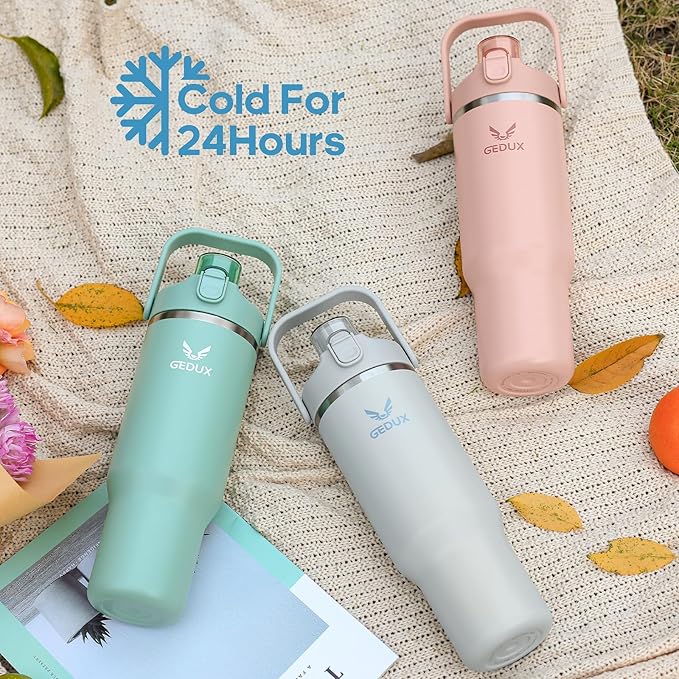 32 oz Gradient Blue Stainless Steel Tumbler with Handle and Straw, Vacuum Insulated Water Bottle with Leak-Proof 2-in-1 Lid and Silicone Boot, Keeps Drinks Hot and Cold (reddish black, 40oz) - Bloomnest