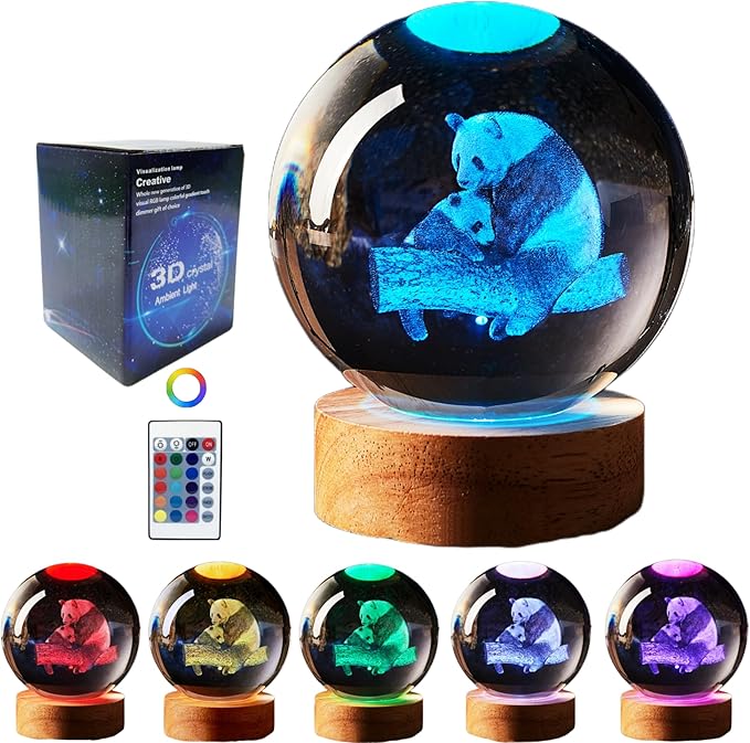 Crystal Ball Panda Family Night Light, 3.15 Inch K9 Crystal Glass Ball, 16 Color Change with Remote Control, Wooden Base Table Lamp, Birthday & - Bloomnest