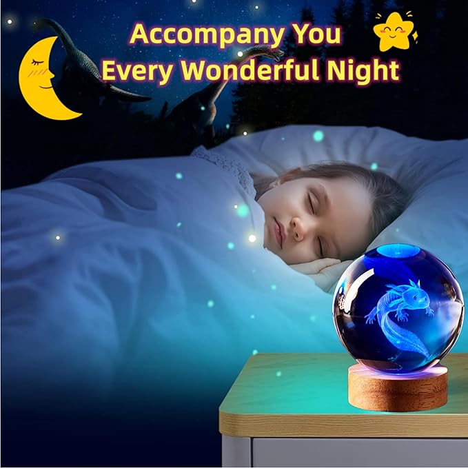 Axolotl Lamp,3.15 inch Axolotl Crystal Ball Lamp,Upgraded 3D K9 Axolotl Crystal Ball Night Light with Wooden Base,16 Colors Change with Remote Control, Axolotl Glass Ball Lamp,Axolotl Gift (E) - Bloomnest