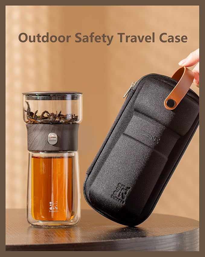 ZENS Modern Glass Infuser Teapot, One Touch Tea Maker for Loose Leaf Tea with Insulated Mug and Portable Case. Enchanted Pot Alternatives for Tea Lover Gifts
