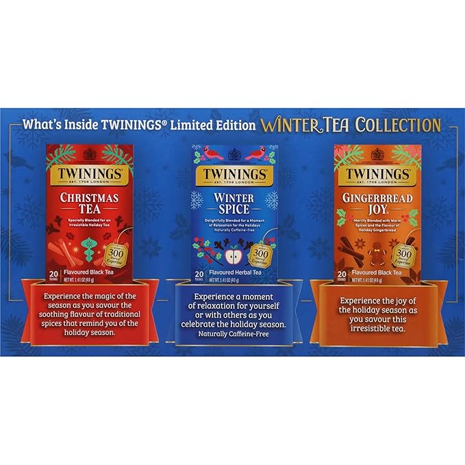 Twinings Winter Tea Collection, Limited Edition Holiday Gift Box, 20 Count (Pack of 3), Includes Christmas Tea, Winter Spice, and Gingerbread Joy, Enjoy Hot or Iced, 60 Teabags - Bloomnest