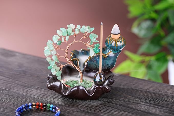 Jovivi Backflow Incense Burner Ceramic Incense Waterfall, Natural Green Aventurine Healing Crystal Money Tree Incense Holder for Wealth, Good Luck, Yoga Meditation, Home Decor - Bloomnest