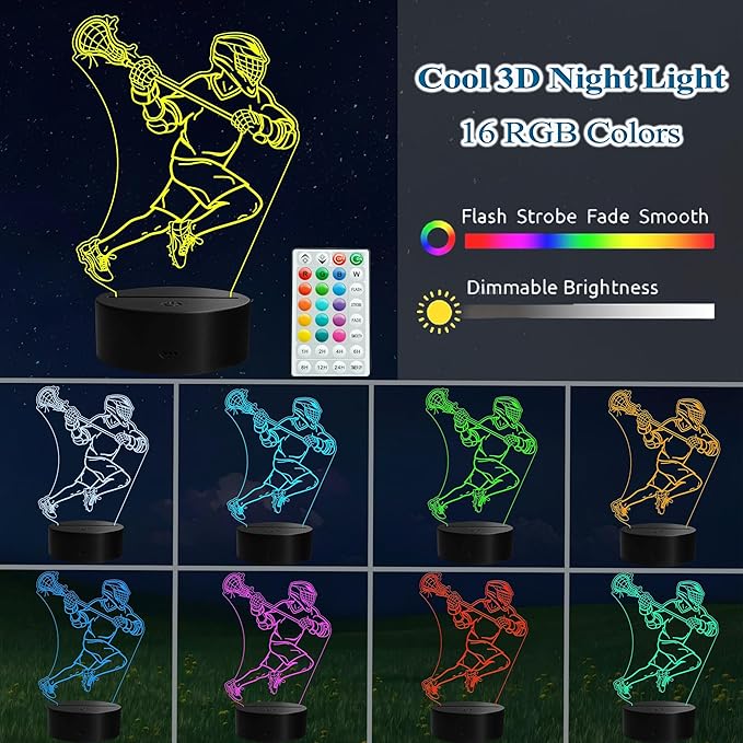 Lacrosse Night Light, Lacrosse Gifts for Boy, 3D Illusion Lamp with Remote Control, 16 Colors Changing, Timer, RGB Flashing Mode and Dimmable, Field Lacrosse Gifts for Men Christmas Decor - Bloomnest