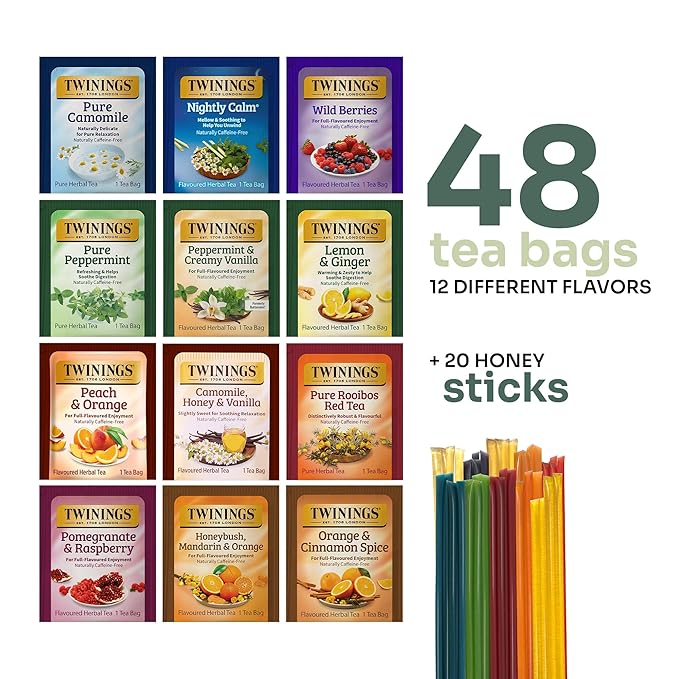 Twinings 48 Tea Bags Herbal Variety Pack – 12 Herbal Flavors with 20 Honey Sticks, Perfect Tea Gift Set for Any Occasion - Bloomnest