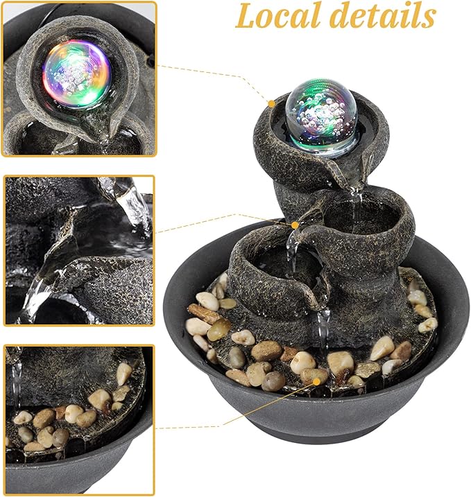 Ferrisland Tabletop Waterfall Fountain - 3-Step Modern Water Fountain with LED Light for Office Desktop Decor - Bloomnest