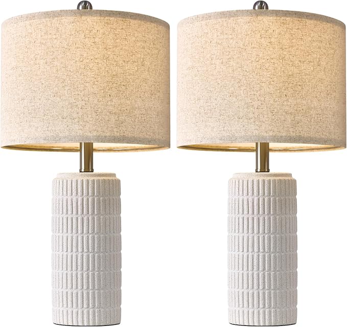 PoKat 24" Farmhouse Ceramic Table Lamps Set of 2 for Bedroom, White Stone-Like Bedside Lamps for Night Stands, Matte-Textured Decor Nightstand Table Lamps for Living Room End Table White - Bloomnest