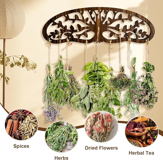 Herb Drying Rack - Wall Mounted Tree Design Holds 11 Bouquets, Space Saving Kitchen Herb & Flower Dryer, Rustic Wooden Hanging Decor for Gardeners, Crafters (dark brown) - Bloomnest