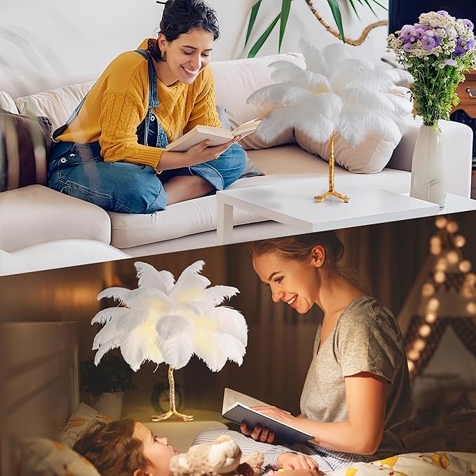 MAYOLA Modern Ostrich Feather Table Lamp with Plug in Wire,3-Light Bedside Floor Lamp for Living Room, Bedroom and Office 24” Tall Feather Desk Lamp (White, Table Lamp-Resin) - Bloomnest