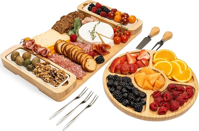 Charcuterie Board Gift Set - Bamboo Cheese Board & Serving Tray for Meat, Cheese, Crackers, and Fruit - Large Wooden Charcuterie Boards for Parties - Wedding, Housewarming, for Women - Bloomnest