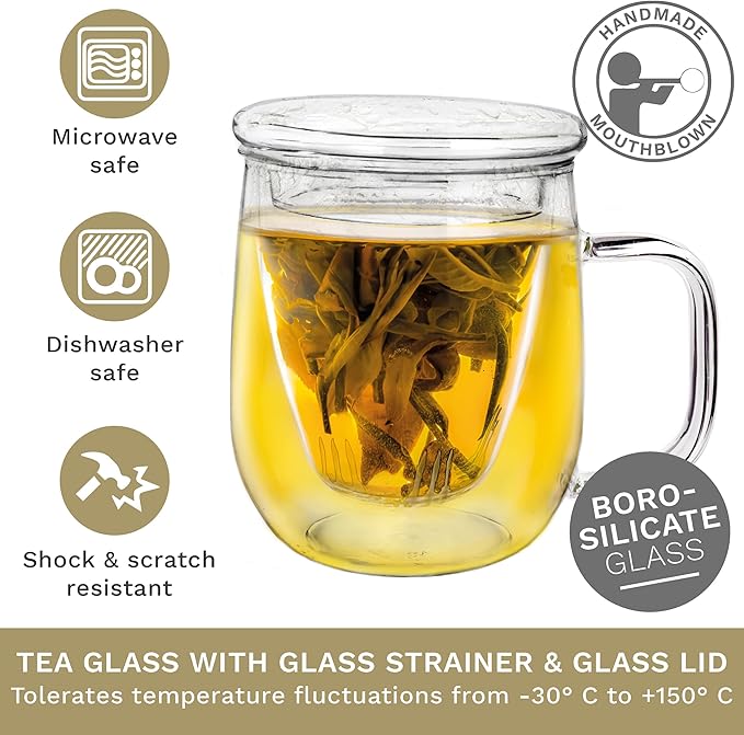Creano Tea Glass 450 ml – Large Tea Cup with Strainer and Glass Lid – An ideal Tea Maker - Bloomnest