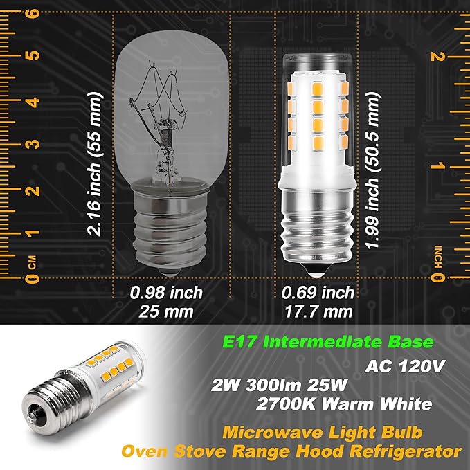 Microwave Light Bulb 120V 2W 2700K Warm White 300lm 25W E17 Intermediate Base Appliance Bulb Replacement for Microwave Oven Stove Range Hood Refrigerator 8206232A Light Bulb, Non-Dimmable, 2 Pack - Bloomnest