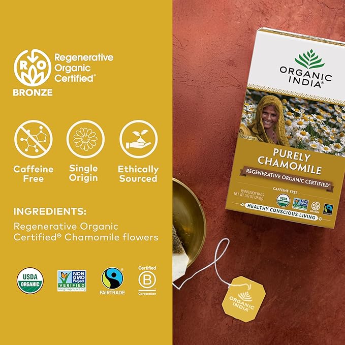Organic India Purely Chamomile Tea - Regenerative Organic Chamomile Flowers, Caffeine Free, Calming & Relaxing Herbal Tea, Natural Support for Sleep & Relaxation - 18 Bags, Pack of 3 - Bloomnest