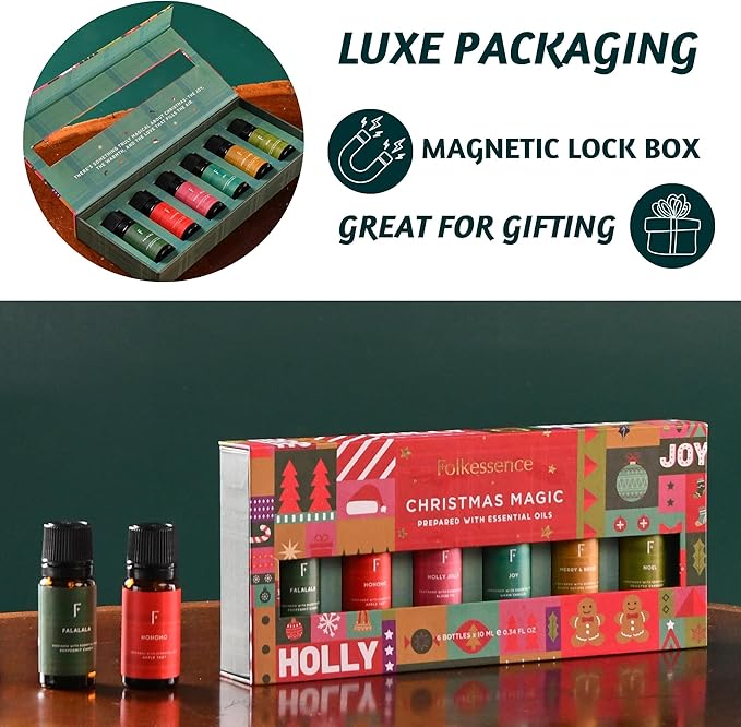 Folkulture Christmas Fragrance Oils for Diffuser | Set of 6 Christmas Essential Oils Set for Home | Peppermint, Candy, Apple Tart, Cranberry, Vanilla (Christmas Magic) | Xmas Gift - Bloomnest