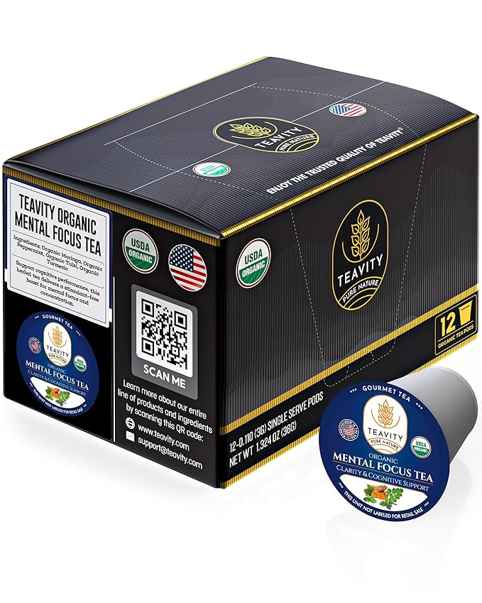 Organic Tea Pods with Moringa, Pepeppermint, Holy Basil & Turmeric - Naturally Decaf Tea - Mental Focus by Teavity (12 Tea Pods) - Bloomnest