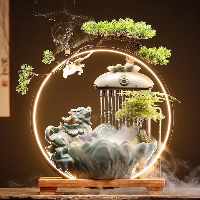 Waterfall Fountain Indoor with Mist, Tabletop Water Fountain,Desk Chinese Ceramic Pixiu Statue with LED Light Ring and Backflow Incense Burner Holder - Bloomnest