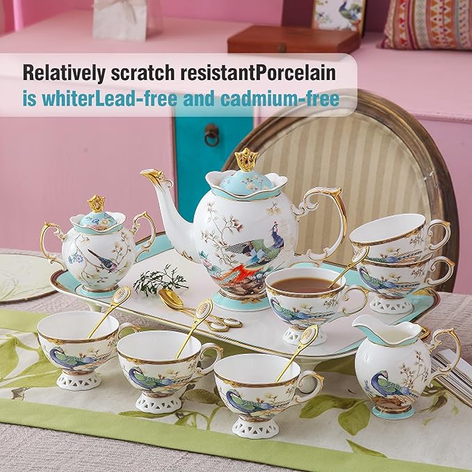 ACMLIFE Fine Bone China Tea Set with Teapot, Porcelain Tea Sets for Adults, 21-Piece Vintage Tea Set for 6, 24K Gold Blue English Floral British Bone China Tea Sets for Women Tea Party for Gifts - Bloomnest