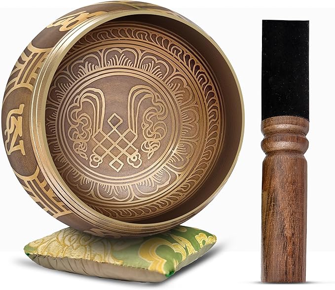 Tibetan Singing Bowl Set - Easy To Play Authentic Handcrafted For Meditation Sound Bowl Chakra Yoga Healing 4 Inches By Himalayan Bazaar (Gold & Green)