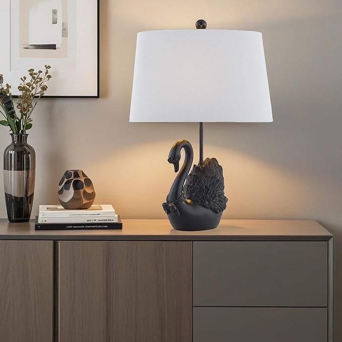 Crestview Collection Bird Table Lamp, 24" Matte Black Swan Resin Table Lamp with Linen Shade, Modern Animal Lamp for Nightstand,End Table or Entryway, Art Home Decor for Bedroom,Living Room or Hallway - Bloomnest