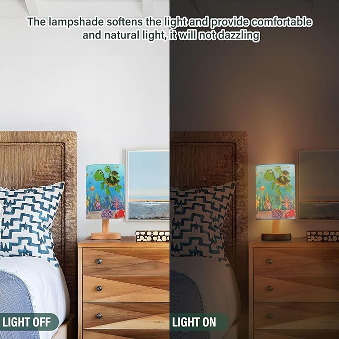 Table Lamp Colorful Underwater Sea Turtle Octopus Crab Fish Coral Aquatic Nightstand Lamp with Wood Base Fabric Lamp Shade Bedside Desk Lamp for Living Room Bedroom Kids Room Office - Bloomnest