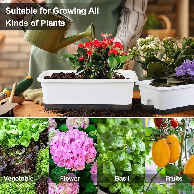Window Box Planter 6 Pcs, 18 Inches Rectangle Flower Pots with Drainage Holes and Trays, Vegetable Planters for Windowsill Patio Garden Balcony Home Porch Yard Indoor Outdoor (White, 18*10*6 inch) - Bloomnest