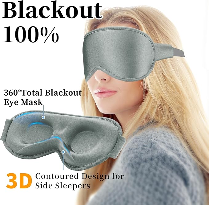 3D Sleep Mask for Men&Women, 2 Pack Contour Eye Masks for Sleep, Side Sleeping Mask for Men&Women, Blackout Eye Mask for Sleeping Eye Mask, Airplane Travel Essentials, Meditation Black & Silver-Gray - Bloomnest