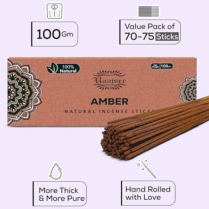 Raajsee Amber Incense Sticks 100 Gm Pack-100% Pure Organic - Natural Hand Rolled Free from Chemicals-Insence for Church,Relaxation, Meditation & Sensual Therapy RAAJSEE