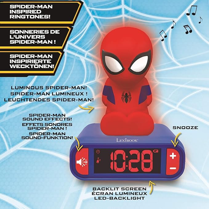 LEXiBOOK - Marvel Spider-Man Digital Alarm Clock with Night Light Snooze and Marvel Spider Man Superheroes Sound Effects - Boys Clock - Luminous Spiderman, Blue - RL800SP - Bloomnest