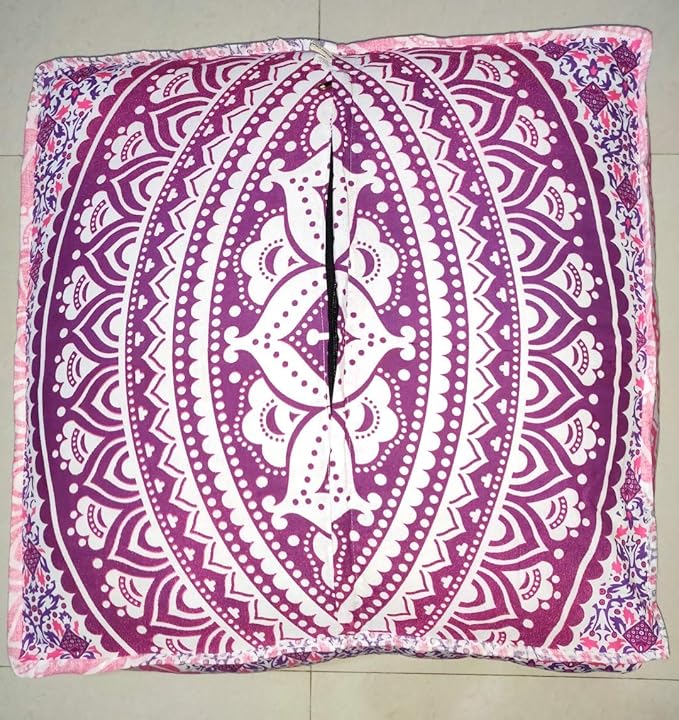 INDIAN CRAFT CASTLE 24" Pink Ombre Mandala Barmeri Large Floor Pillow Cover Cushion Meditation Seating Ottoman Throw Cover Hippie Decorative Zipped Bohemian Pouf Ottoman Pom Pom Cases 24" Square - Bloomnest