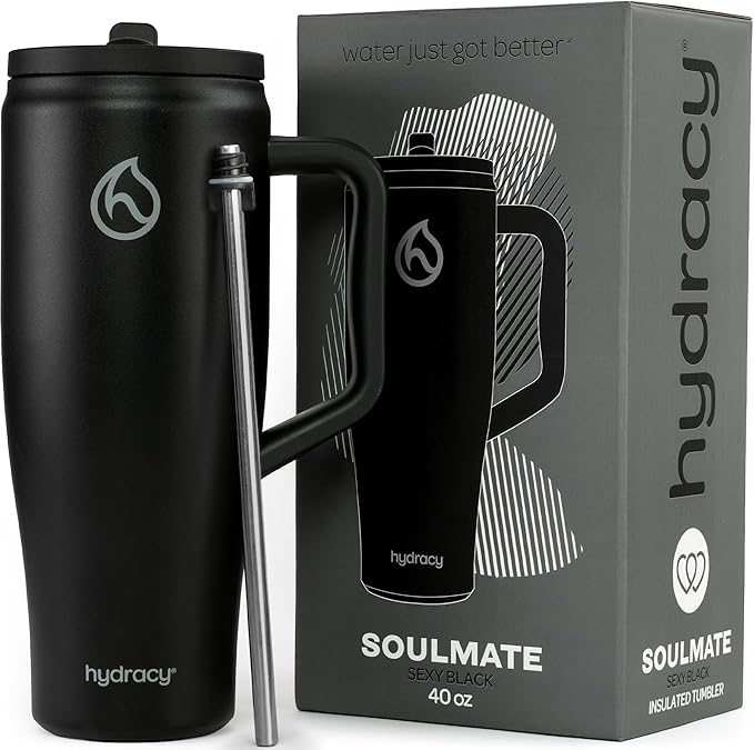 Hydracy 40 oz Tumbler with Handle and Straw, Stainless Steel Insulated Travel Cup with No Spill Rotatable Flip Lid for Left or Right Hand Use, Rubber Base, Fits in Cup Holder - Sexy Black - Bloomnest