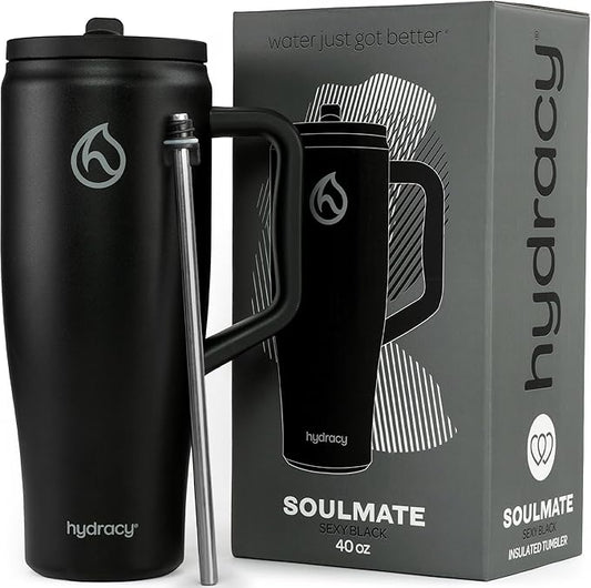 Hydracy 40 oz Tumbler with Handle and Straw, Stainless Steel Insulated Travel Cup with No Spill Rotatable Flip Lid for Left or Right Hand Use, Rubber Base, Fits in Cup Holder - Sexy Black - Bloomnest