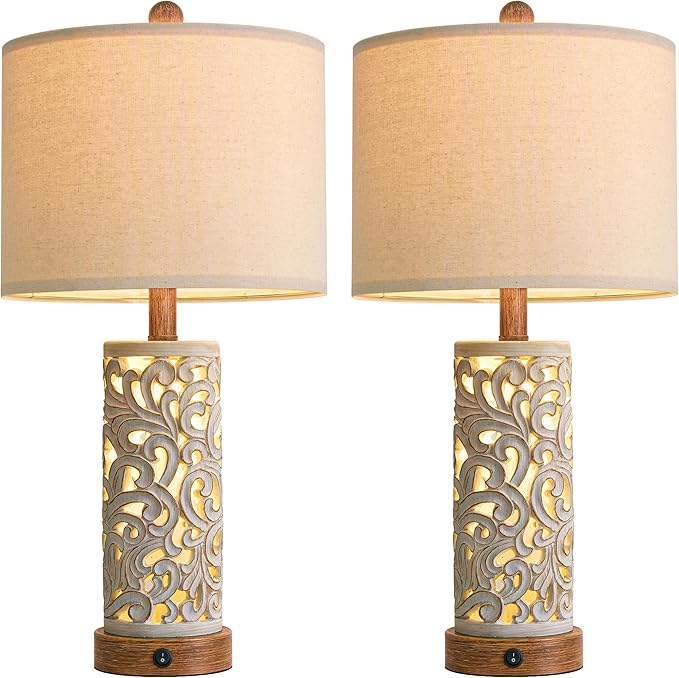 OYEARS 22'' Table Lamp Set of 2 for Living Room,Farmhouse Lamp for for Bedroom,Vintage Retro Bedside Lamps with USB Ports Linen Shade for Home Office (Brown, Bulb Included) - Bloomnest