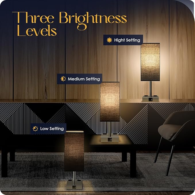 Bedside Lamp with USB Ports - Touch Control Table Lamp for Bedroom with USB C+A Charging Ports & AC Outlets, 3 Way Dimmable Nightstand Light for Living Room (Bulb Included, Black) - Bloomnest