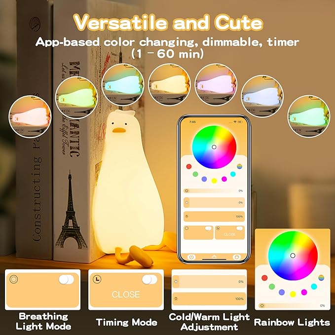 Cute Duck Night Light with Color Changing, APP/Tap Control Fun Lying Flat Ducky Lamp with Blind Box Gift,Soft Silicone Nursery Nightlight,Dimmable/Timing Bedside Touch Lamp,Baby Adults Kids Room Decor - Bloomnest