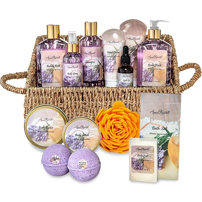 Bath Spa Gift Sets - Luxury Basket With Honey & Lavender - Spa Kit Includes Wash, Bubble Bath, Lotion, Bath Salts, Body Scrub, Body Spray, Shower Puff, Bathbombs, Soap and Towel - Bloomnest