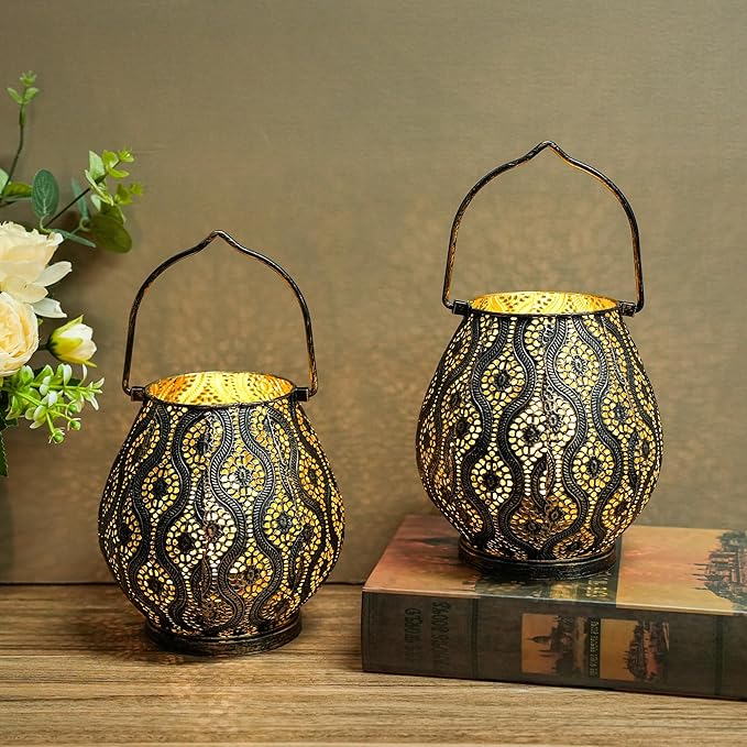 TRIROCKS Set of 2 Moroccan Decorative Lamps 8'' High Cordless Lamp Metal Table Lamps with Fairy Lights Bulb for Home Living Room Garden Yard Party Events Tabletop Indoor Outdoor(Black) - Bloomnest