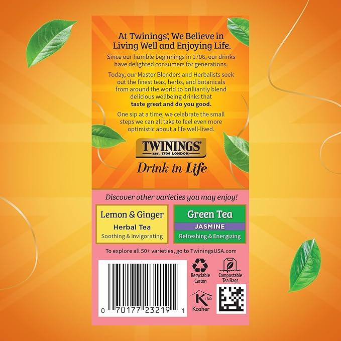 Twinings Raspberry & Lemon Herbal Tea Individually Wrapped Bags, 20 Count (Pack of 6), Fruity & Zesty, Naturally Caffeine-Free, Enjoy Hot or Iced, 120 Teabags - Bloomnest