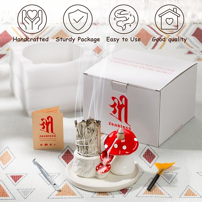 ZenBless 5 in 1 Mushroom Gifts Waterfall Incense and Candle Burner for Burning Sage, Palo Santo, Incense Sticks Backflow Cones,Candle Ceramic Backflow Cone Holder Spiritual Meditation Yoga ZenBless