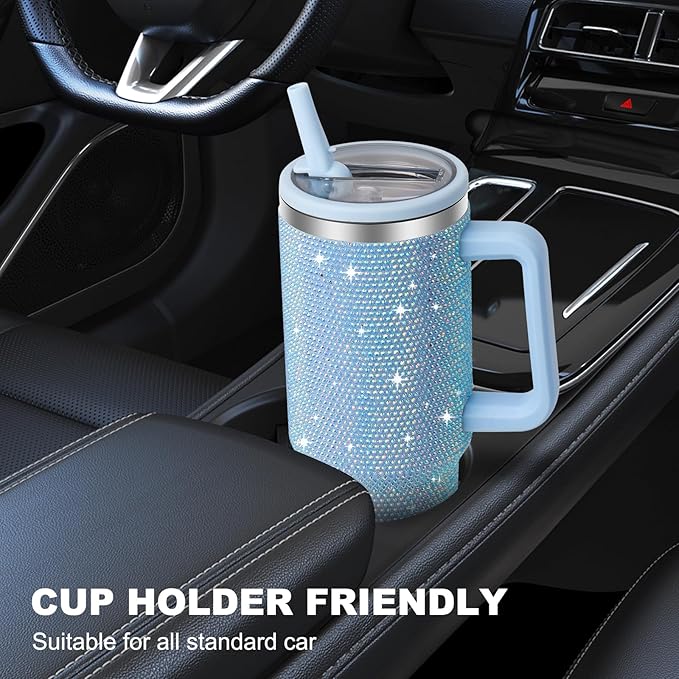40 oz Tumbler with Handle and Flip Straw Lid, Insulated Leak Proof Double Walled Stainless Steel Rhinestone Diamond Studded Bling Travel Mug Tumblers, Maintains Cold Ice and Heat for Hours - Bloomnest