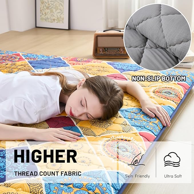 Japanese Floor Mattress Twin, Anti-Slip Japanese Futon Foldable Tatami Mat for Guests, Boho Orange Checkered - Bloomnest