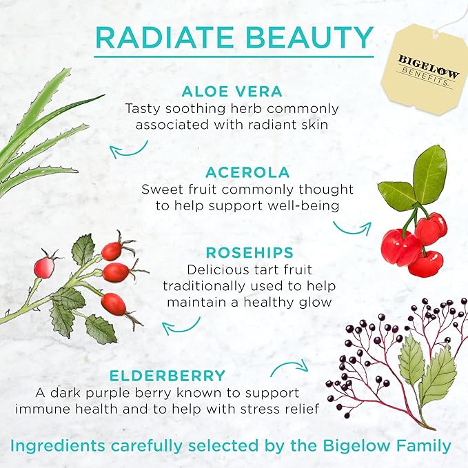 Bigelow Tea Benefits Radiate Beauty Blueberry and Aloe Herbal Teabags Box, Caffeine Free, 18 Count, Pack of 6 - Bloomnest
