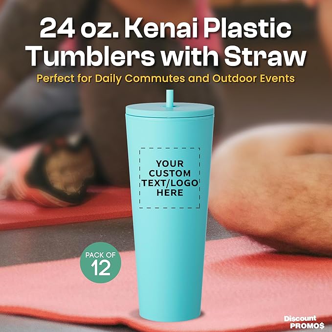DISCOUNT PROMOS Custom Kenai Plastic Tumblers with Straw 24 oz., Set of 12, Personalized Bulk Pack - Ideal for Busy Professionals, With lids, Ice Coffee Tumbler, To Go Cup, Insulated - Mint - Bloomnest
