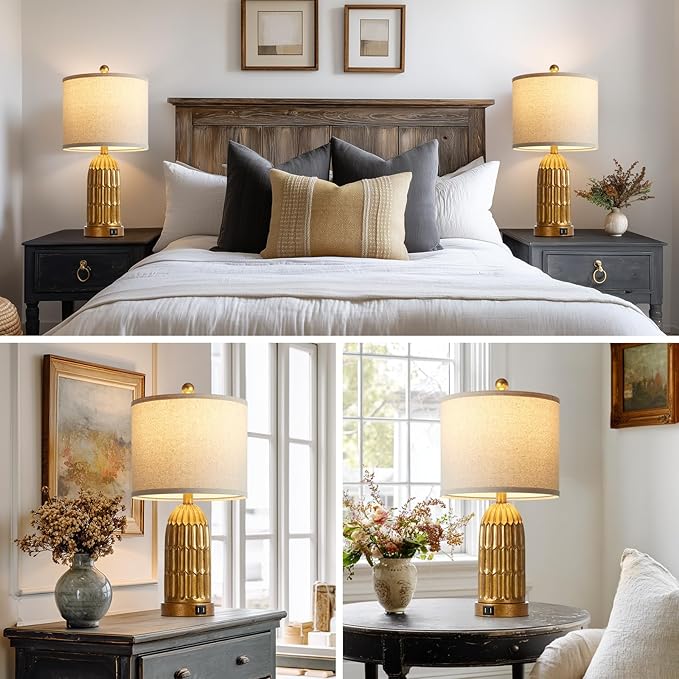 Table Lamps for Bedroom Set of 2, Farmhouse 3-Way Dimmable Touch Nightstand Lamp with 2 USB Charging Ports, Vintage Rustic Traditional Bedside Lamp for Living Room End Table - Bloomnest