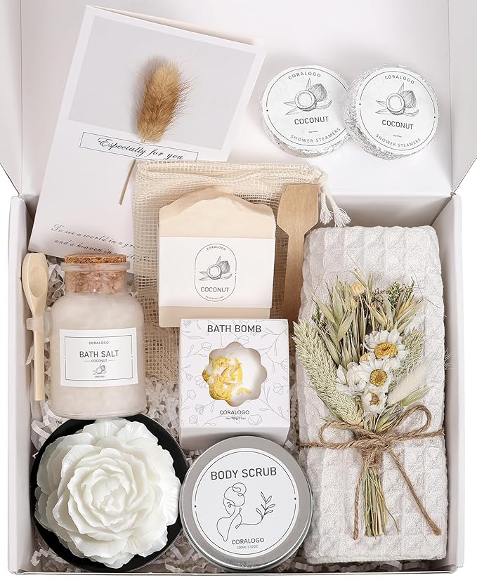 Coralogo Coconut Spa Gifts for Women - 12pc Self-care Spa Gift Basket with Bath Salt, Greeting Card - Thinking of You Basket for Her Birthday, Christmas, Mother's Day, Valentine's Day - Bloomnest