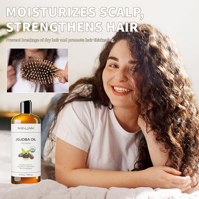 MAYJAM 16 Oz Jojoba Oil for Skin, USDA Certified Cold Pressed Jojoba Oil for Hair, Face, Body, Ear Stretch, Nails,Massage, Deeply Moisturizing, Carrier Oil for Essential Oils Mixing(473ML) - Bloomnest