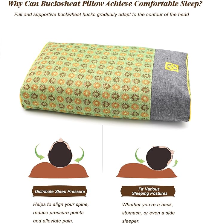 Buckwheat Neck Pillow Medium Firm, Buckwheat Hull Flat Pillows for Sleeping, Adjustable Hard Pillows for Back Side Sleeper Neck Support (18x10 Inch, LemonYellow)