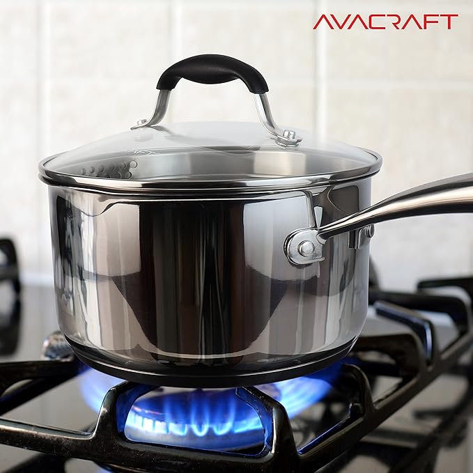 AVACRAFT Stainless Steel Saucepan with Glass Strainer Lid, Two Side Spouts for Easy Pour with Ergonomic Handle, Multipurpose Sauce Pot (5-Ply Capsule Bottom, 3.5 Quart) - Bloomnest